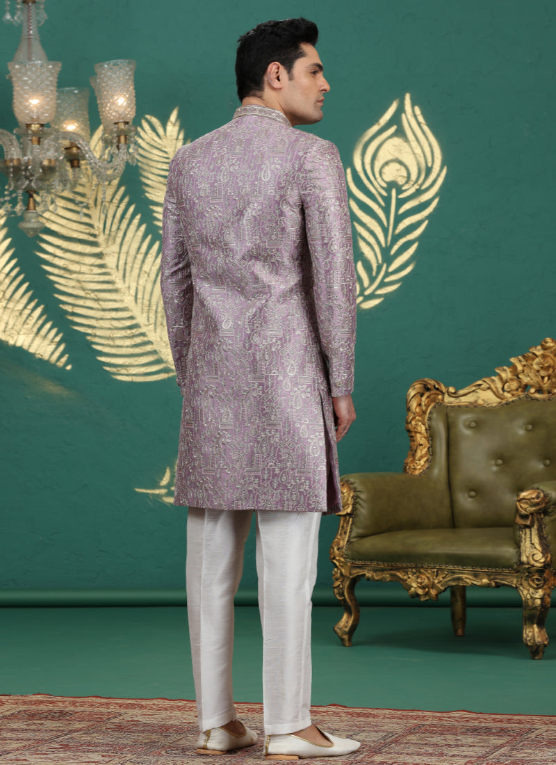 Art Silk Purple Wedding Wear Hand Embroidery Readymade Groom Sherwani 386004
