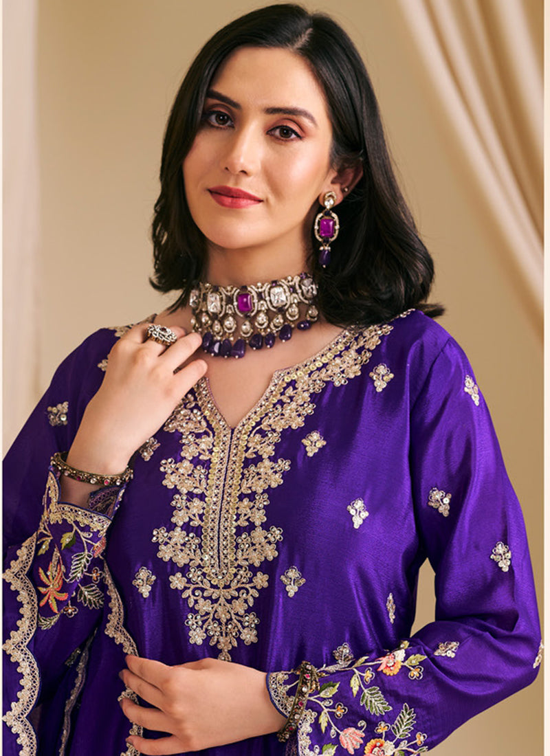 Chinnon Purple Wedding Wear Embroidery Work Readymade Plazzo Suit 385410