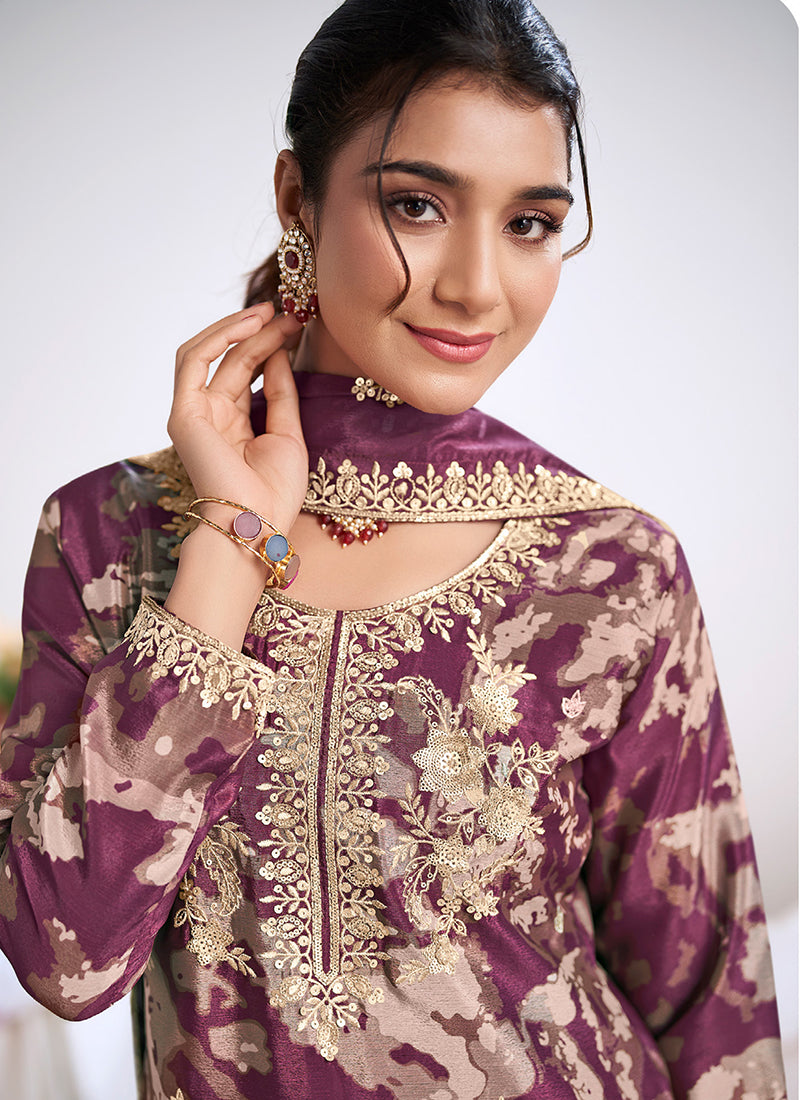 Purple Chinon Embroidery Work Festival Wear Readymade Plazzo Suit SW438723