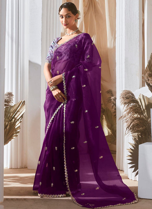 Fancy Purple Bridal Wear Saree with Lace Work 381685
