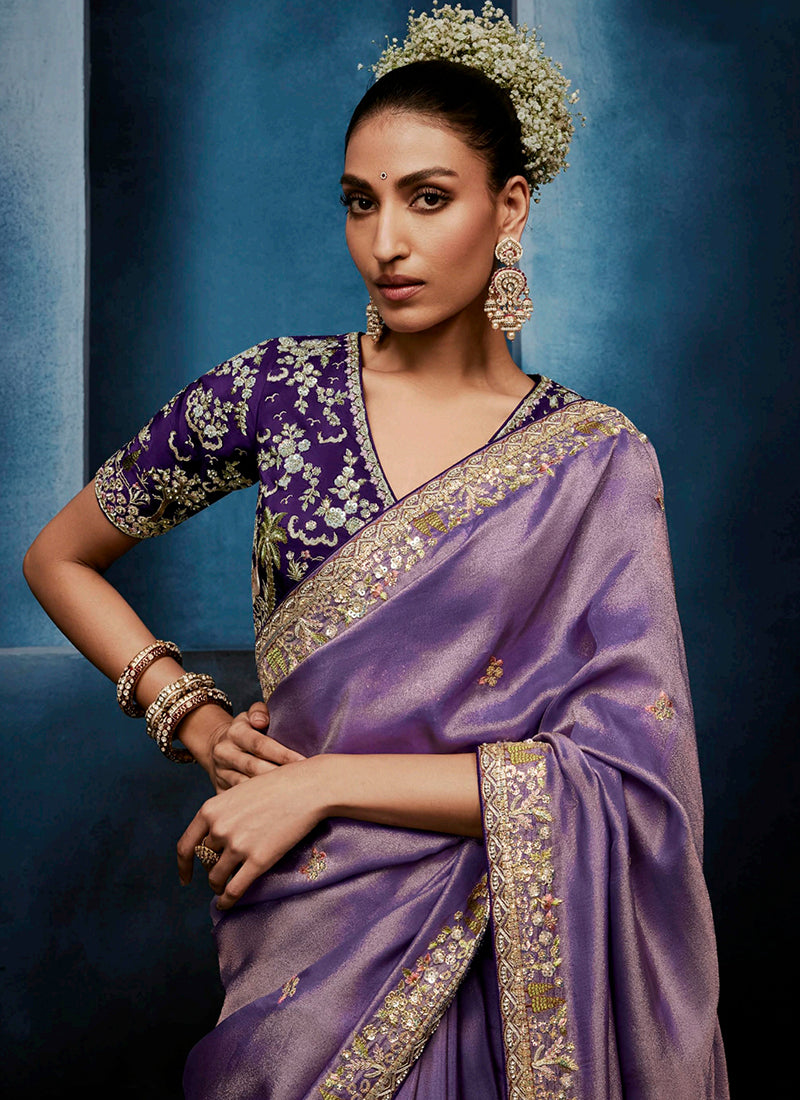 Purple Fancy Silk Embroidery Work Wedding Wear Saree SW658396