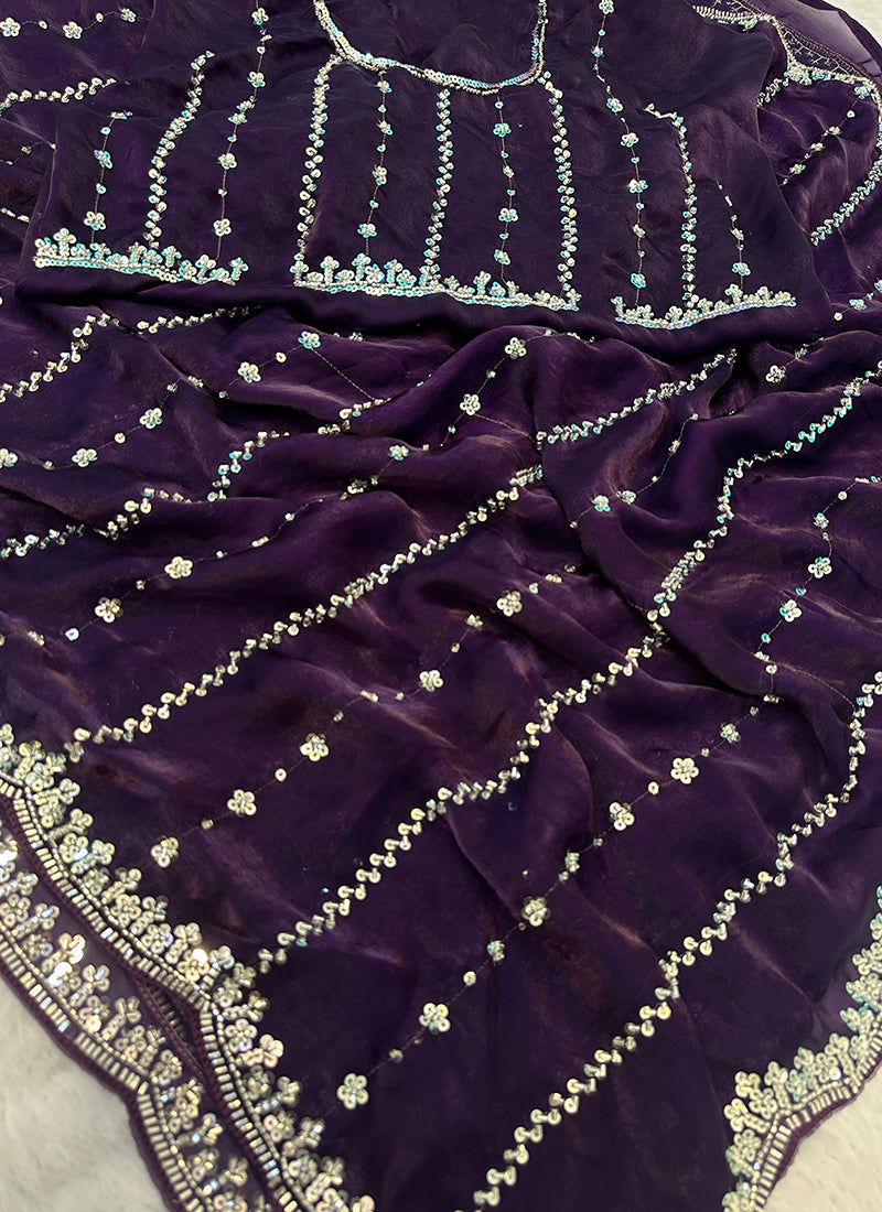 Purple Fendi Satin Sequins Work Festival Wear Saree SW253838