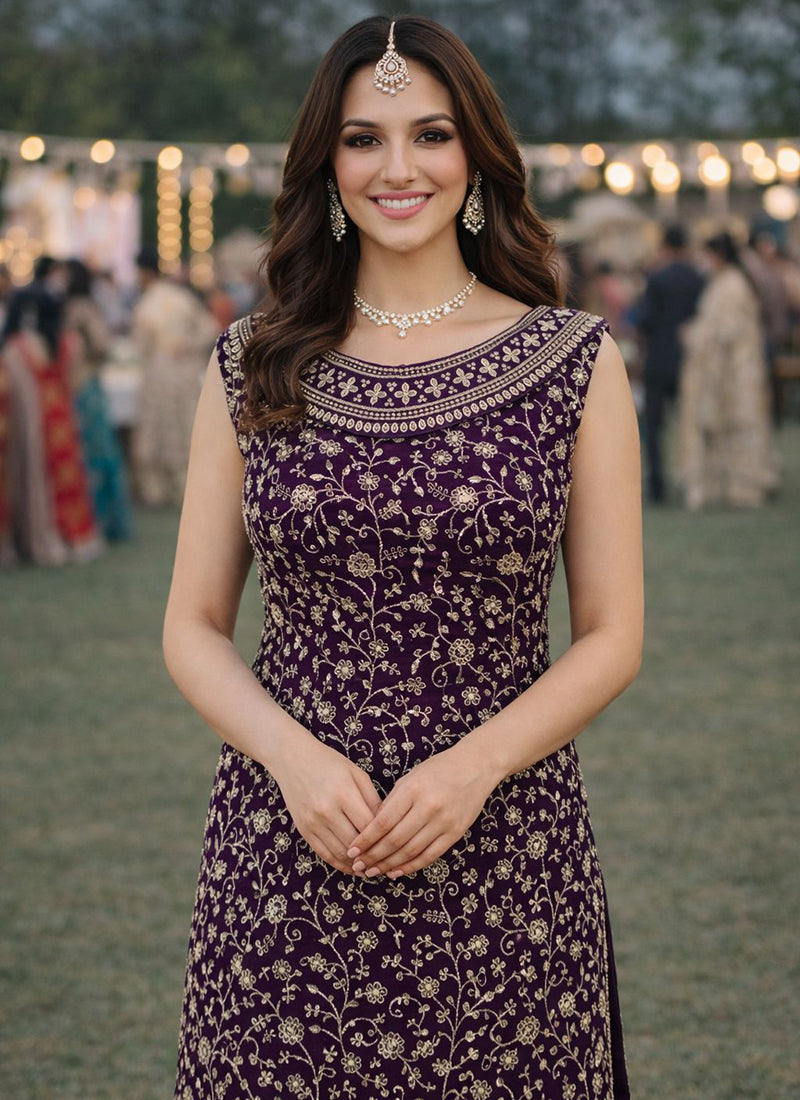Purple Georgette Sequins Work Festival Wear Readymade Plazzo Suit SW114063