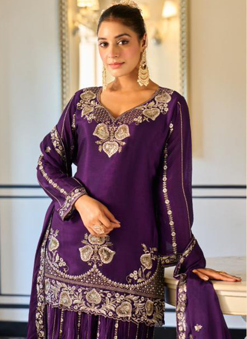 Purple Georgette Embroidery Work Occasional Wear Readymade Plazzo Suit SW443574