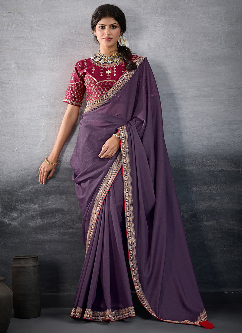 Georgette Purple Party Wear Embroidery Work Saree 385558