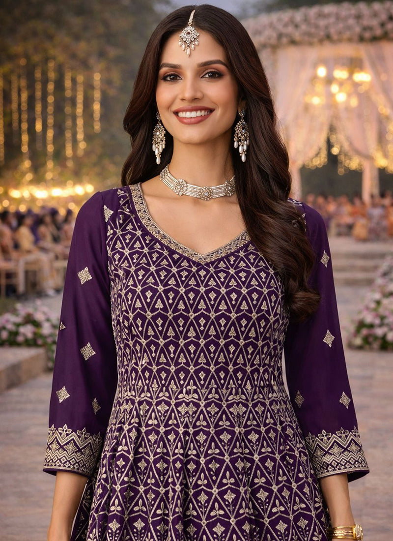 Purple Georgette Embroidery Work Wedding Wear Readymade Plazzo Suit SW722634