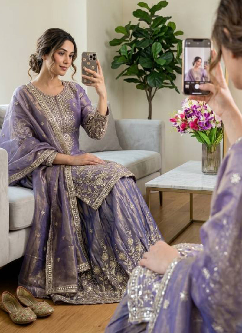 Purple Jimmy Choo Silk Embroidery Work Occasional Wear Readymade Plazzo Suit SW168458