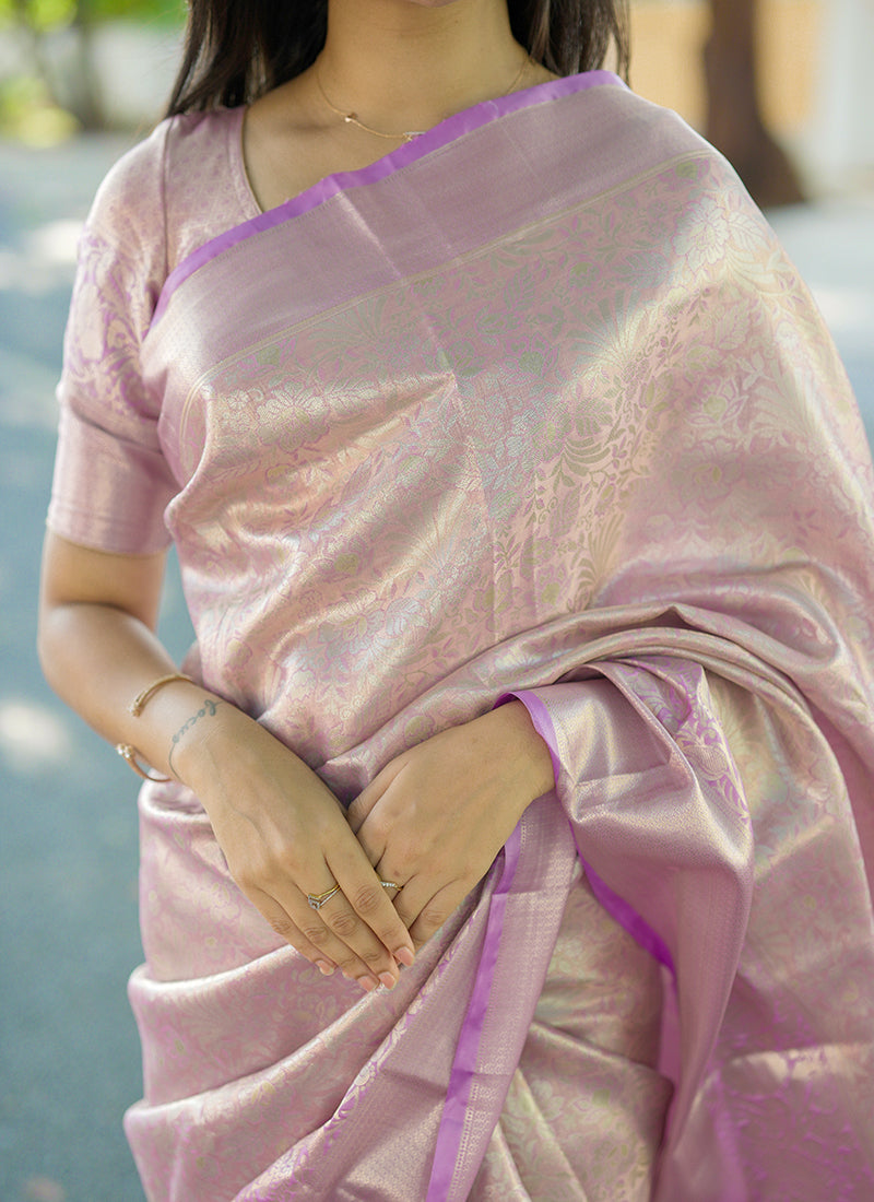 Kanchipuram Silk Purple Festive Wear Weaving Work Saree 386355