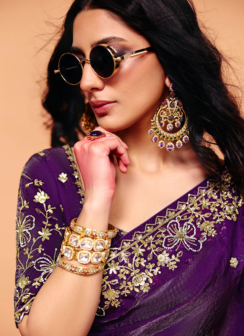 Purple Organza Sequins Work Party Wear Saree SW753059