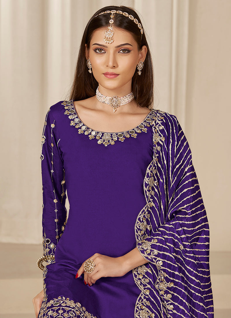 Roman Silk Purple Wedding Wear Zari Embroidery Work Patiala Suit 381205