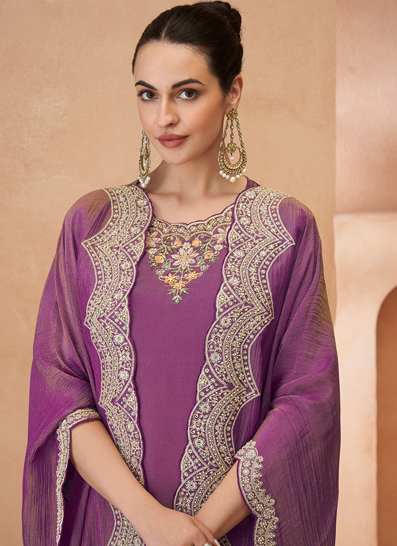 Shimmer Silk Purple Readymade Plazzo Suit with Embroidery Work for Festival Wear 385514