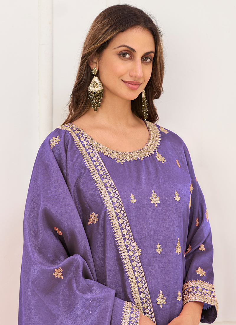 Purple Shimmer Silk Embroidery Work Festival Wear Readymade Plazzo Suit SW204180