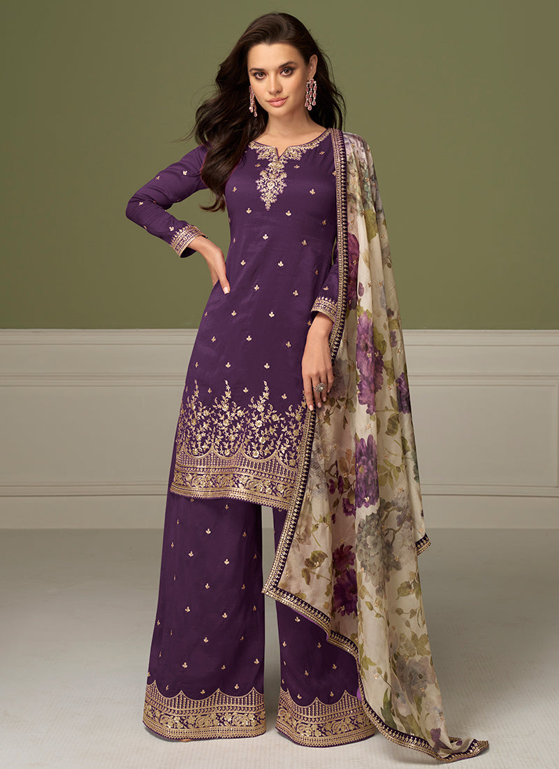 Shimmer Silk Purple Wedding Wear Zari Work Readymade Palazzo Suit 384991