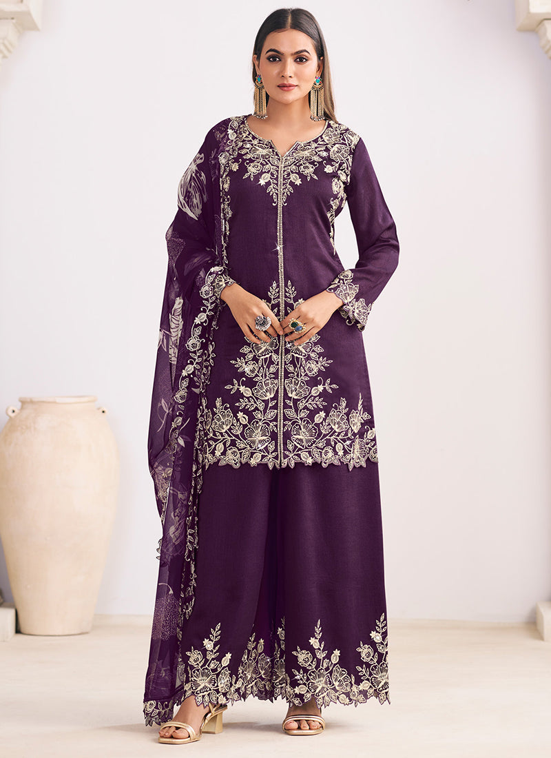 Silk Purple Wedding Wear Embroidery Work Readymade Plazzo Suit 385166