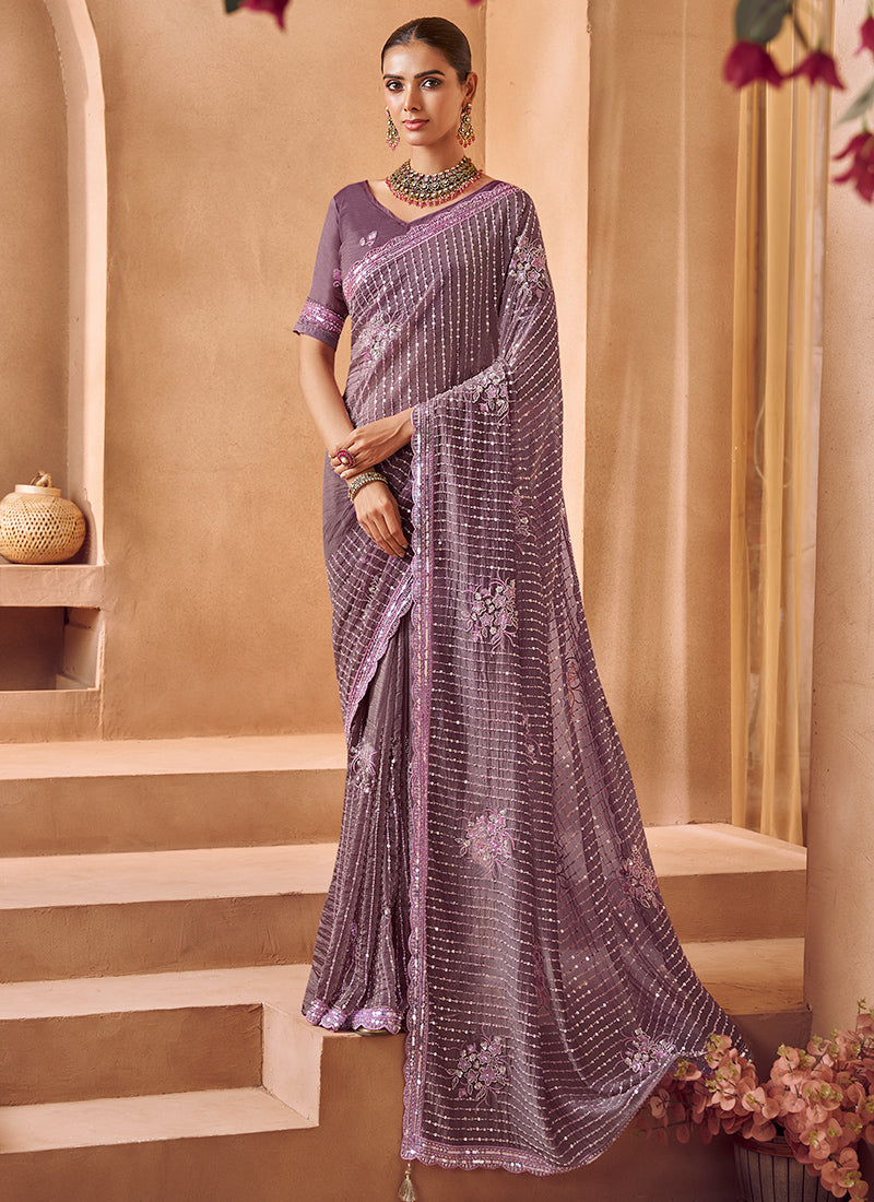 Tissue Purple Saree with Sequin Work for Wedding Wear 381710