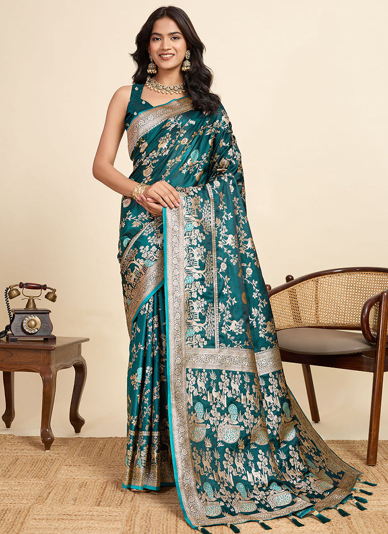 Satin Silk Rama Green Saree with Weaving Work for Party Wear 382781