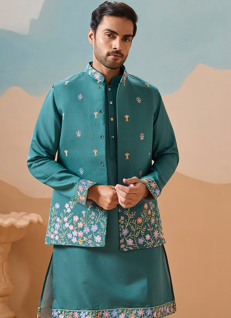 Viscose Silk Rama Green Festival Wear Embroidery Work Readymade Modi Jacket Kurta Pajama 385581