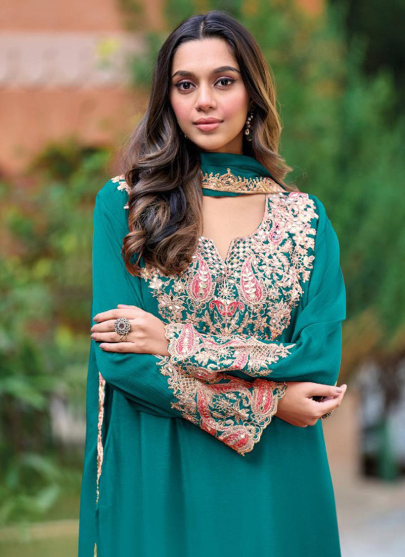 Heavy Chinon Rama Party Wear Embroidery Work Readymade Plazzo Suit 388298