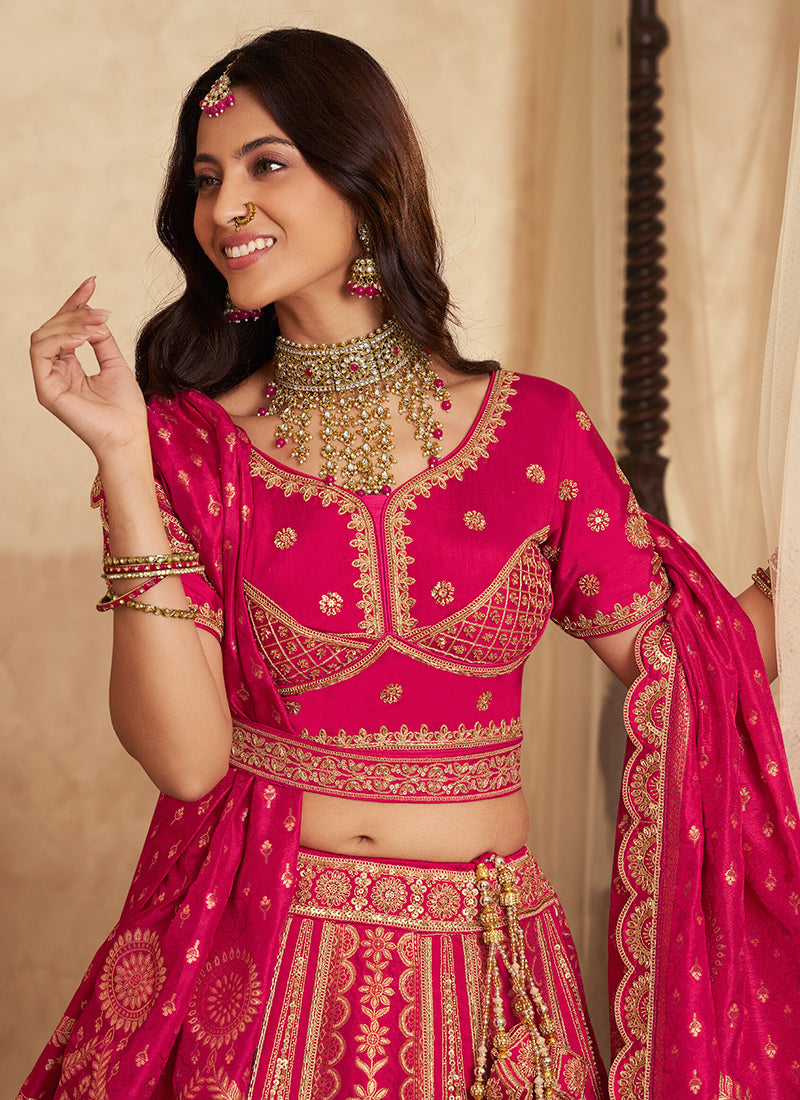 Rani Pink Banarasi Silk Weaving Work Wedding Wear Wedding Lehenga Choli SW709009