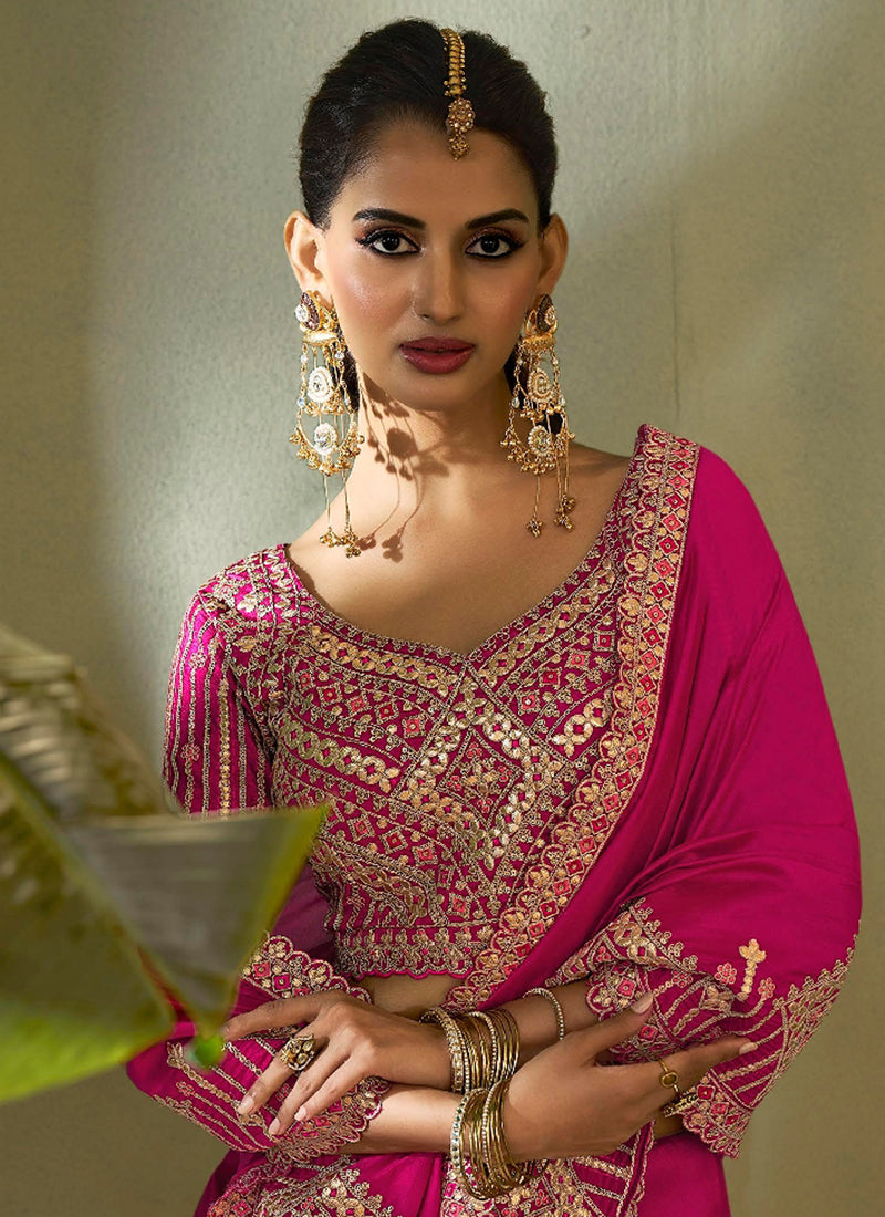 Bemberg Silk Rani Pink Wedding Wear Heavy Work Wedding Saree 387270