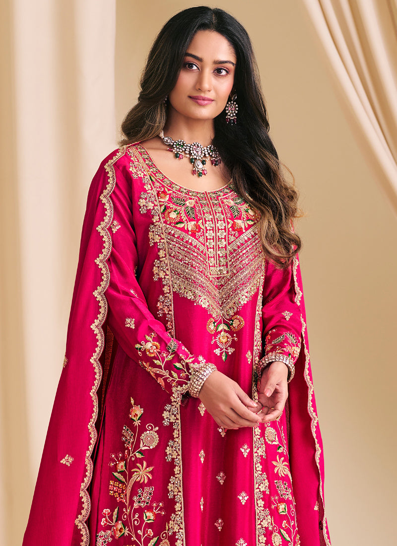 Chinon Rani Pink Wedding Wear Embroidery Work Readymade Plazzo Suit 386150
