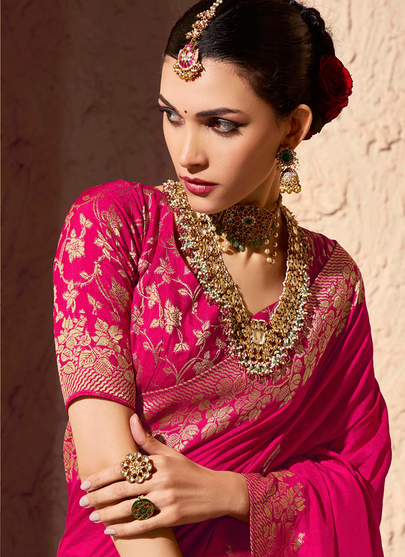 Crepe Georgette Rani Pink Party Wear Weaving Work Saree 386525