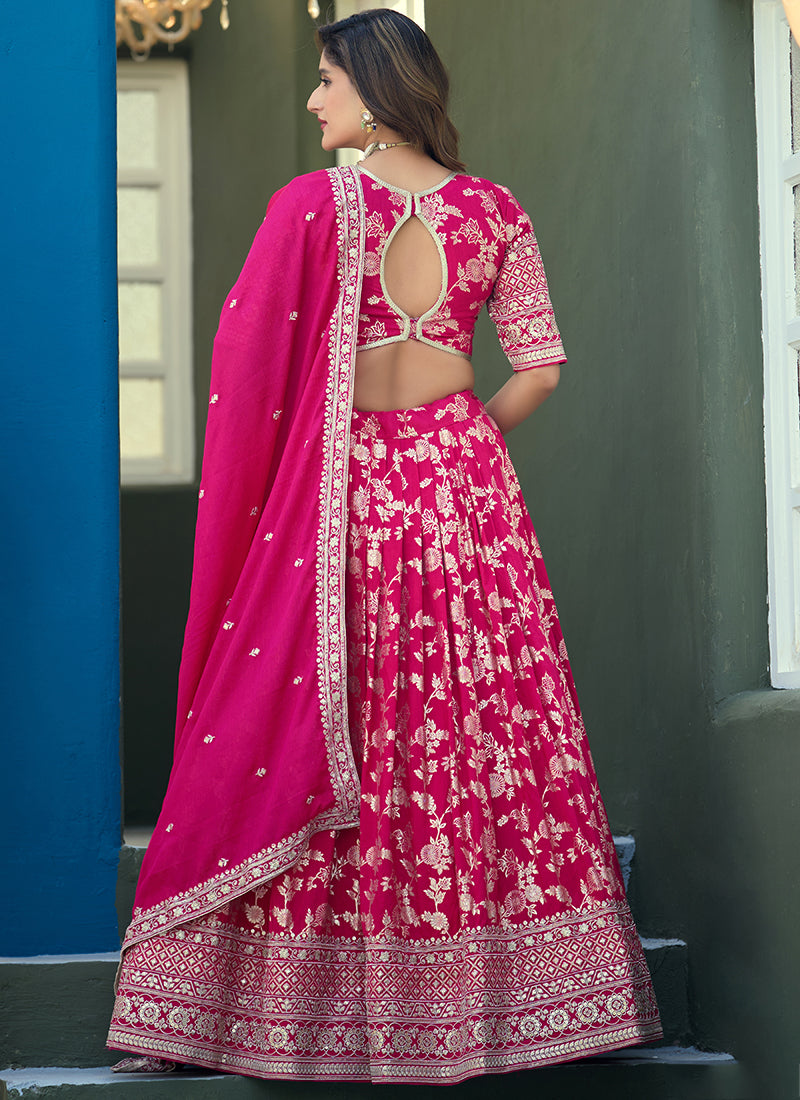 Dola Silk Jacquard Rani Pink Festival Wear Zari Work Lehenga Choli 388301