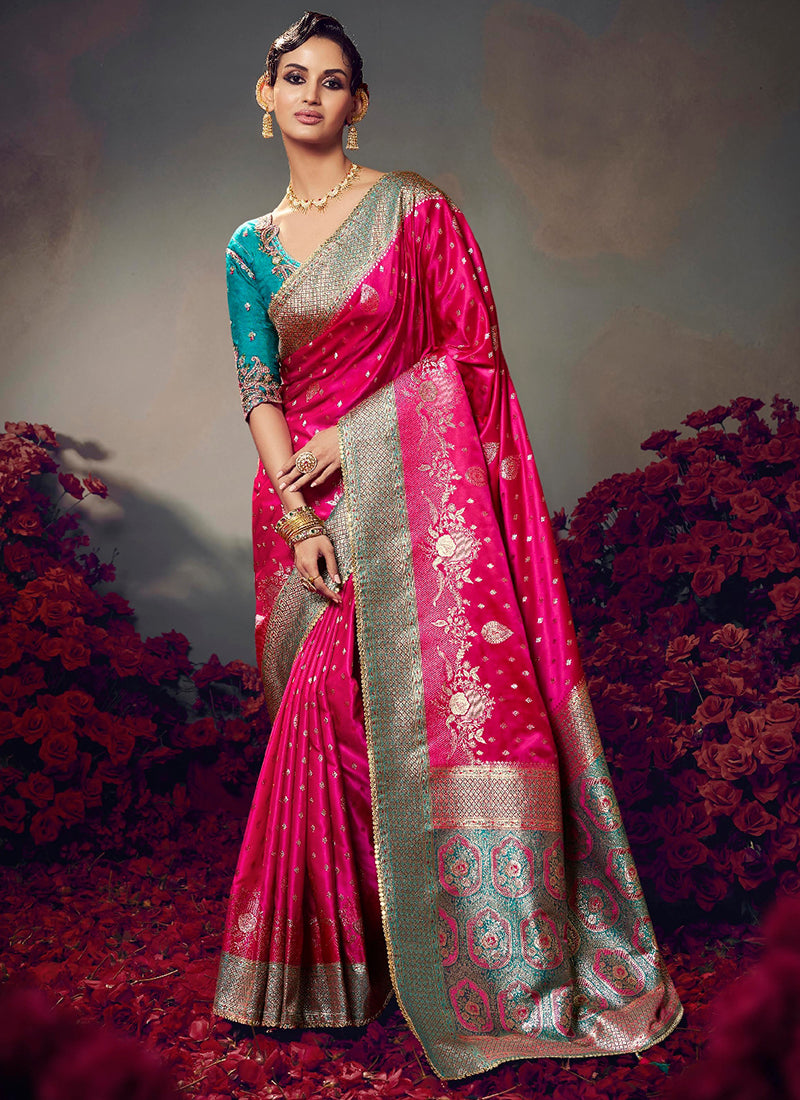 Fancy Fabric Rani Pink Wedding Wear Embroidery Work Saree 385869