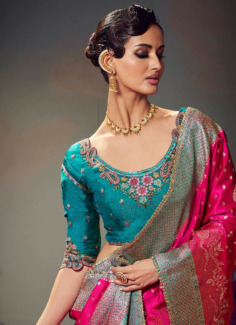 Fancy Fabric Rani Pink Wedding Wear Embroidery Work Saree 385869