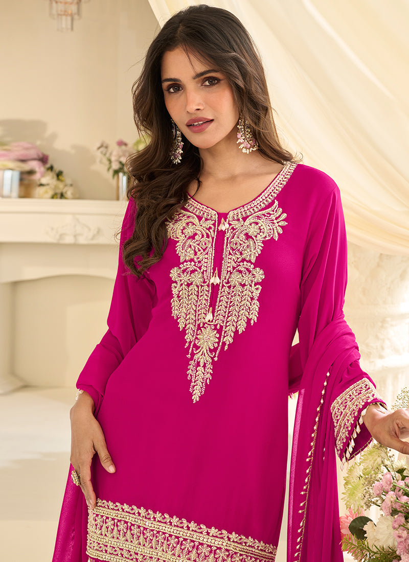 Rani Pink Georgette Embroidery Work Festival Wear Readymade Sharara Suit SW537422