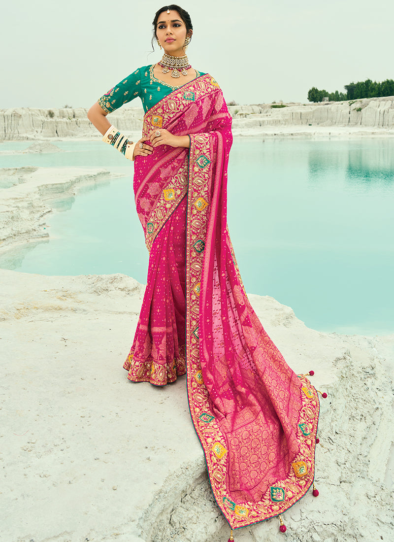 Georgette Rani Pink Saree with Heavy Hand Work for Wedding Wear 383305