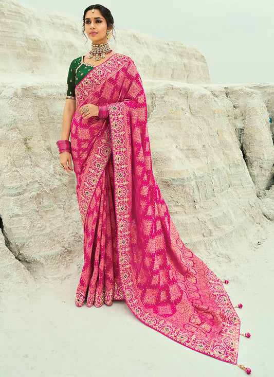 Georgette Rani Pink Saree with Heavy Hand Work for Wedding Wear 383309
