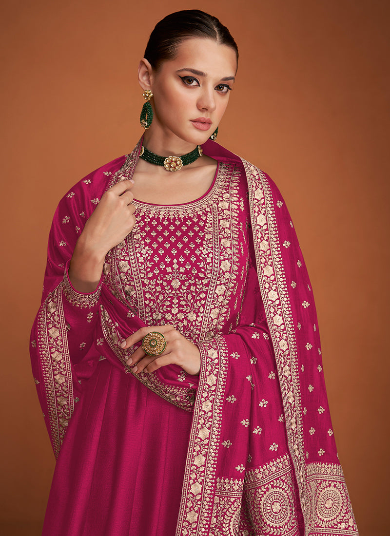 Premium Silk Rani Pink Party Wear Sequin Embroidery Work Anarkali Gown 386164