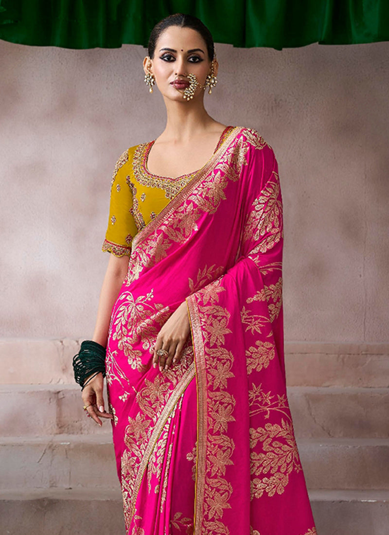 Pure Crepe Rani Pink Wedding Wear Heavy Work Wedding Saree 387281