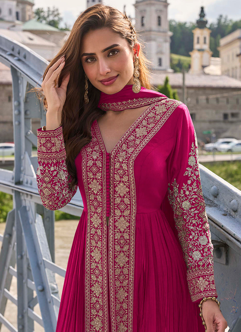 Real Chinon Rani Pink Party Wear Embroidery Work Readymade Indowestern Suit 388485