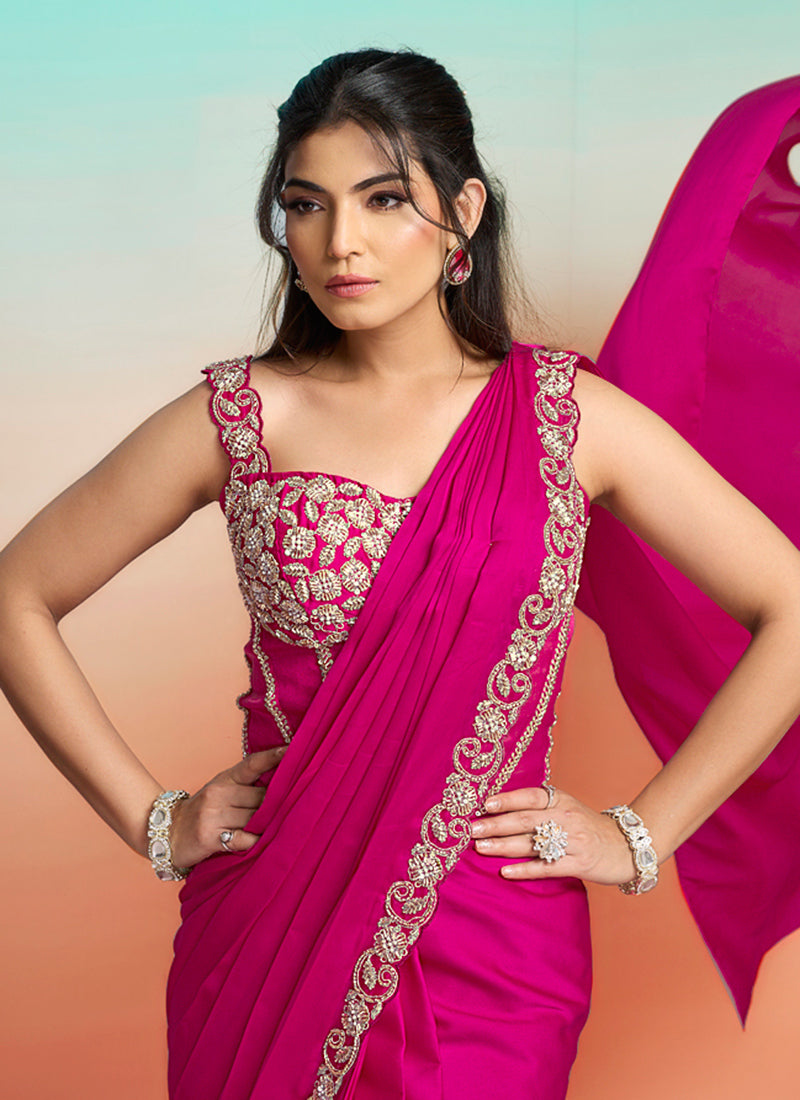 Rani Pink Satin Silk Embroidery Work Festival Wear Readymade Saree SW975928