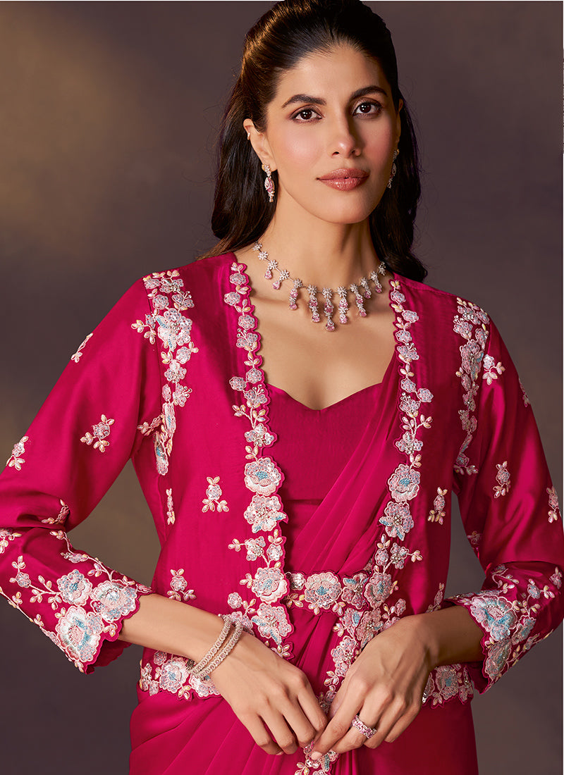 Satin Silk Rani Wedding Wear Sequins Embroidery Ready To Wear Saree 386141