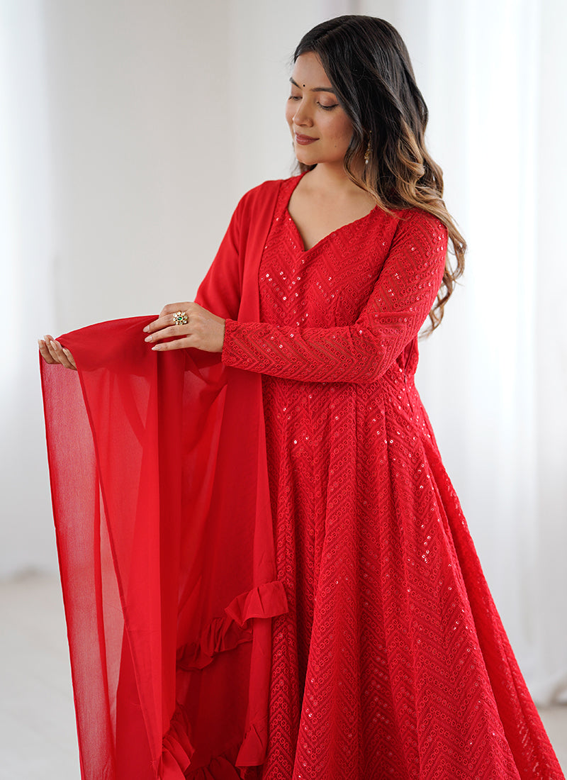 Red Faux Georgette Sequin Work Casual Wear Readymade Anarkali Suit SW412998