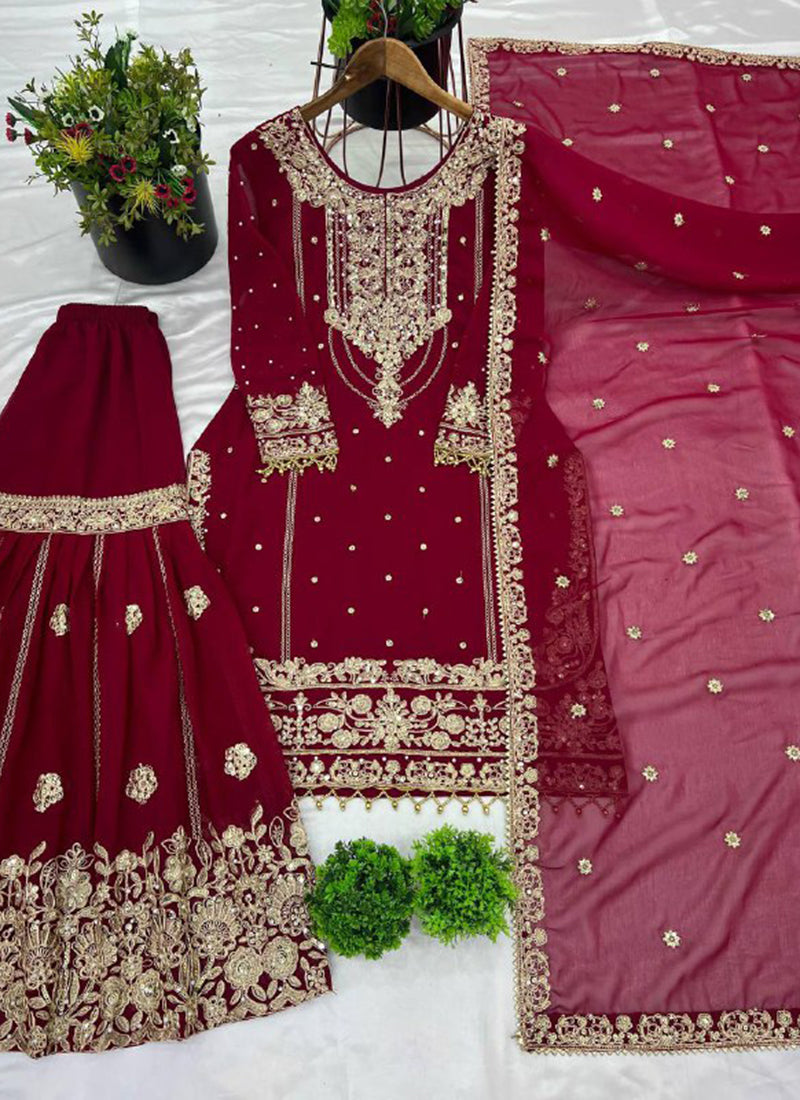 Faux Georgette Red Festival Wear Embroidery Work Readymade Sharara Suit 384995