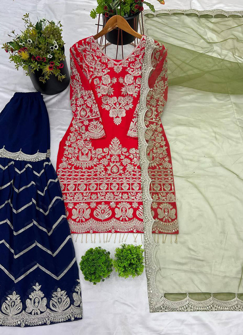 Faux Georgette Red Party Wear Embroidery Work Readymade Sharara Suit 386068