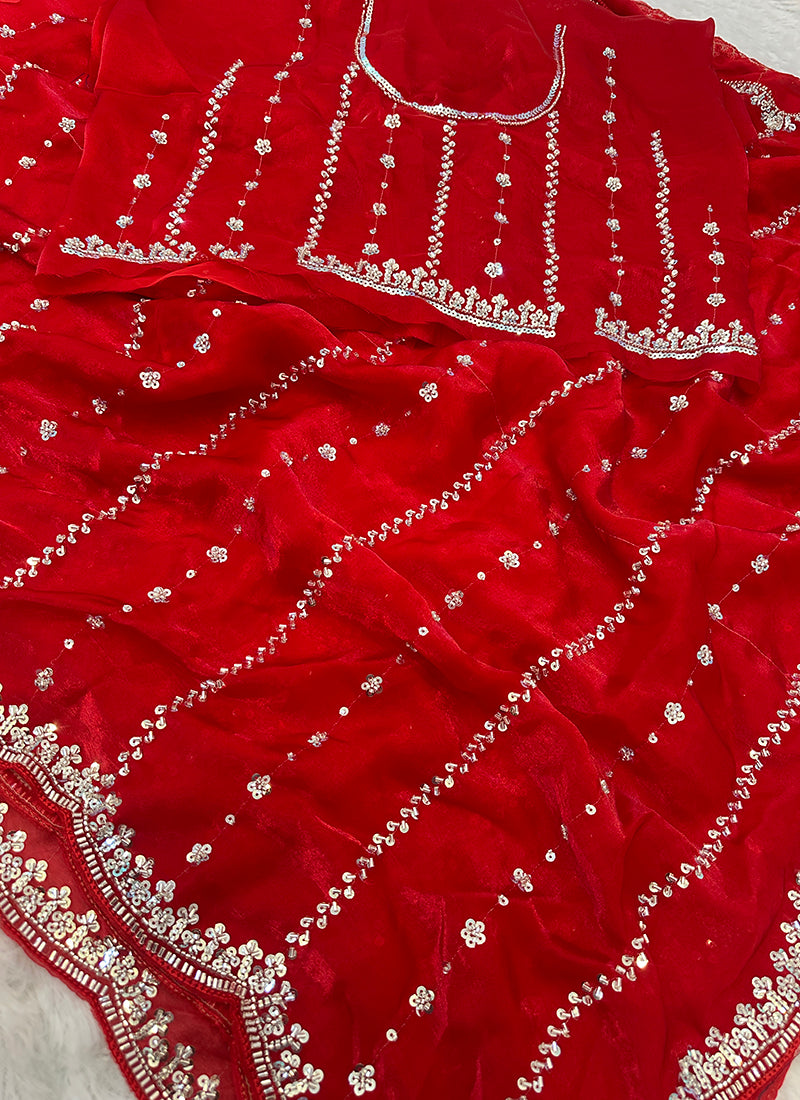 Red Fendi Satin Sequins Work Festival Wear Saree SW541196