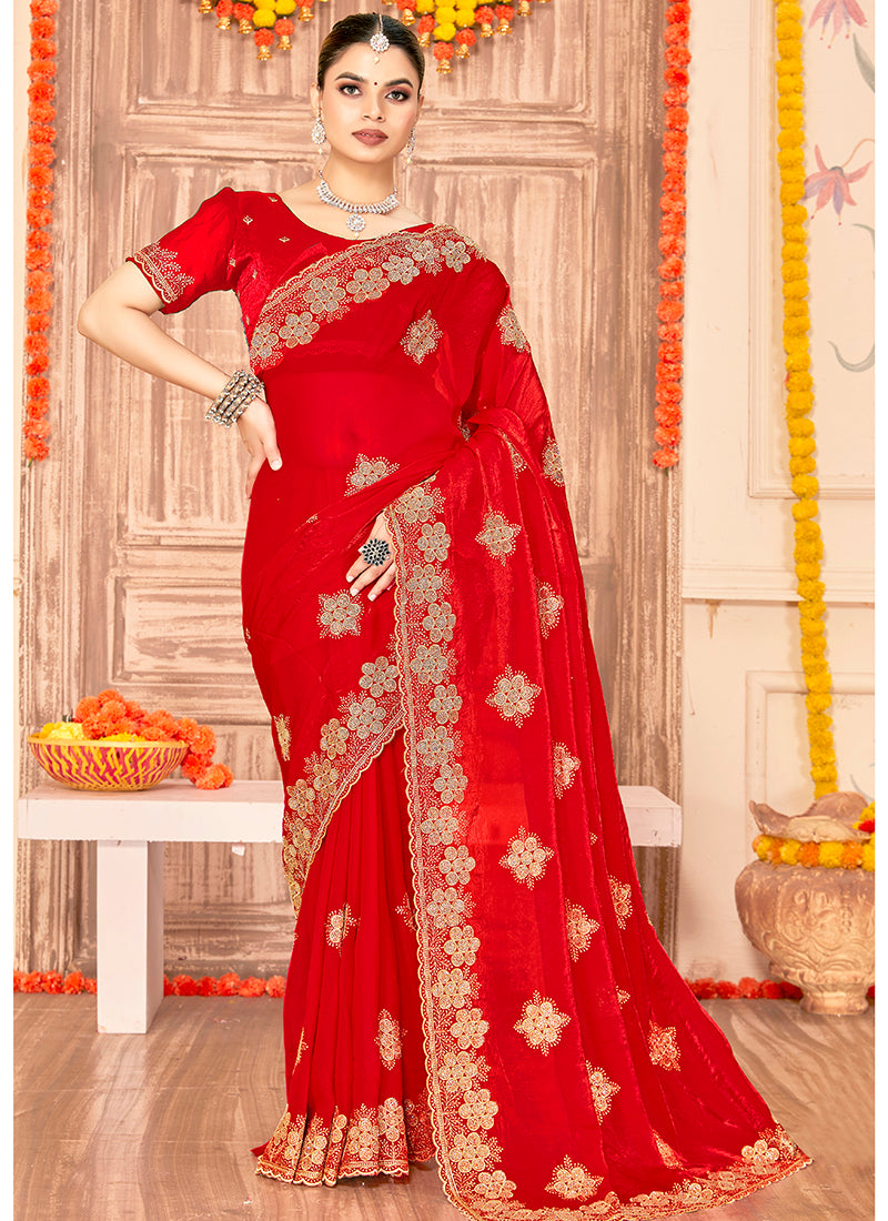 Fendy Silk Red Saree with Zari Work for Festival Wear 384443