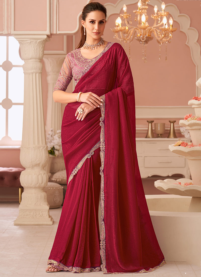 Georgette Red Saree with Border Work for Festival Wear 381870