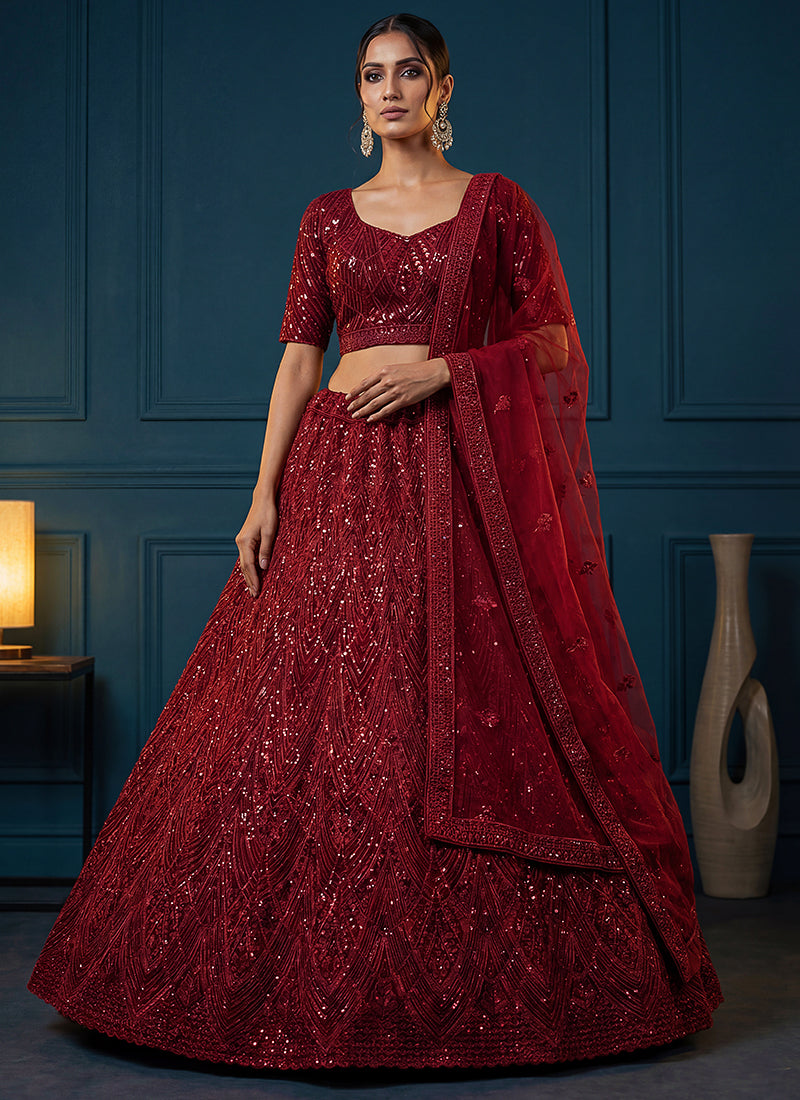 Red Net Sequins Work Wedding Wear Lehenga Choli SW675942