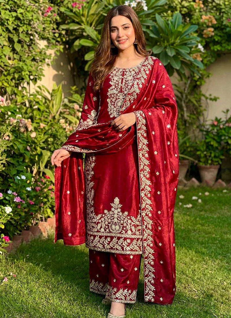 Pure Gmy Silk Red Eid Wear Embroidery Work Readymade Pakistani Suit 388560