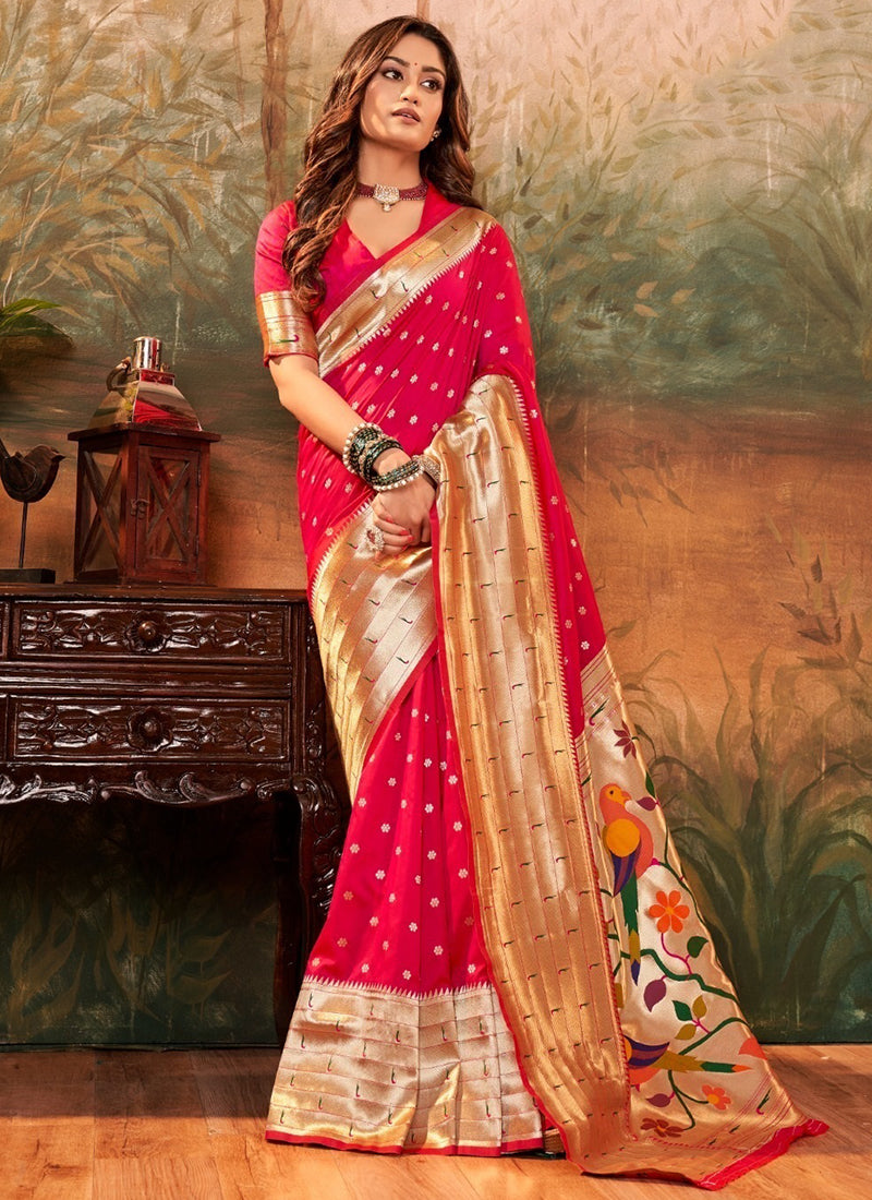 Pure Paithani Silk Red Saree with Zari Weaving Work for Bridal Wear 380843