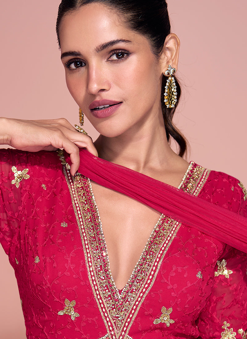 Real Georgette Red Party Wear Embroidery Work Readymade Anarkali Gown 386700