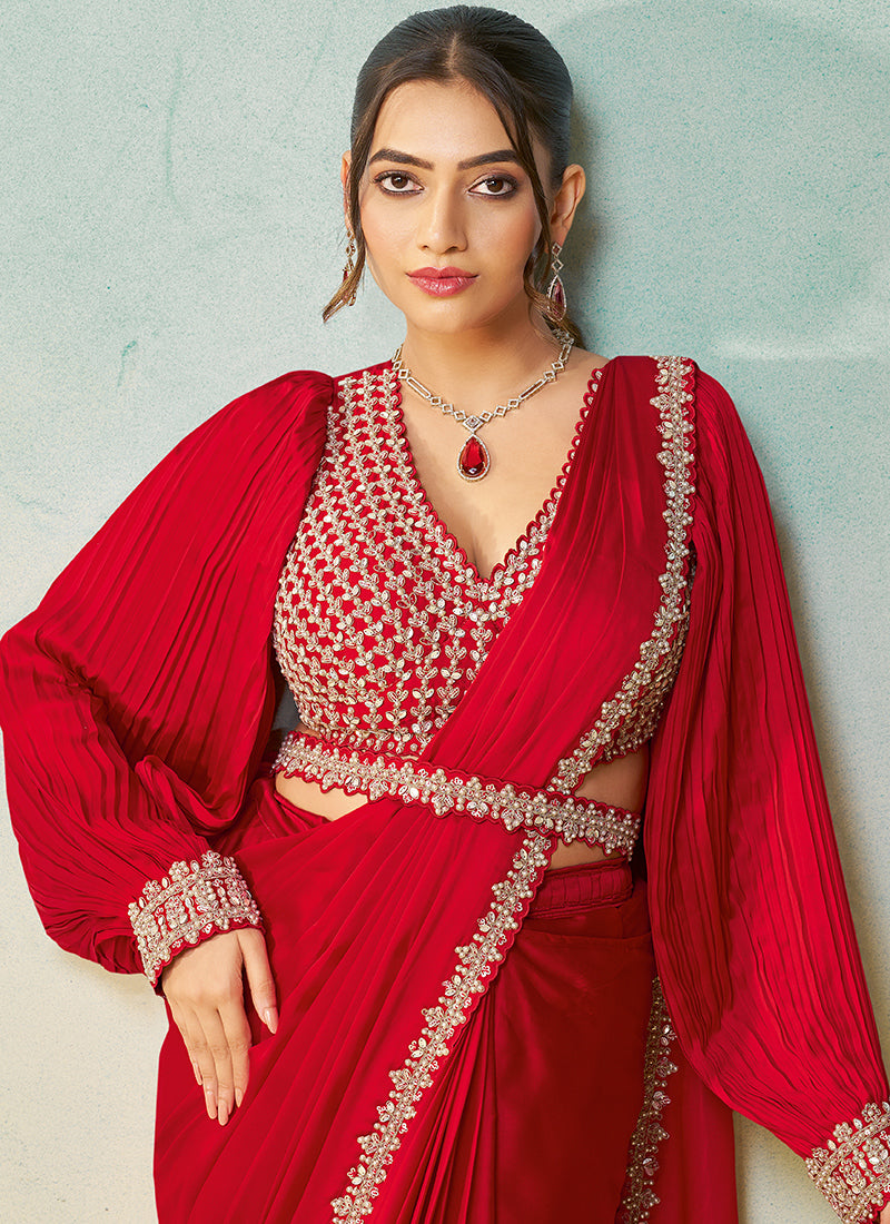 Red Satin Silk Sequin Work Party Wear Ready To Wear Saree SW898324