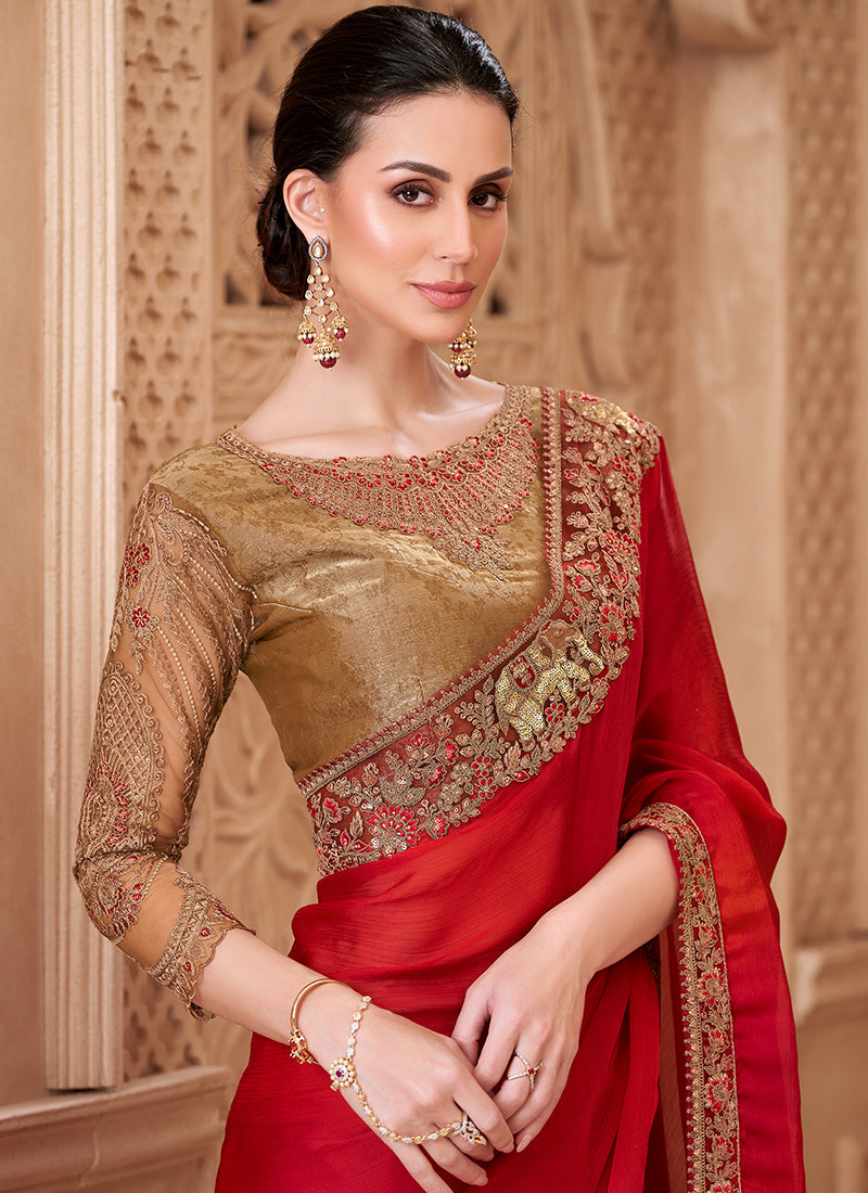 Satin Silk Red Party Wear Embroidery Work Saree 385709
