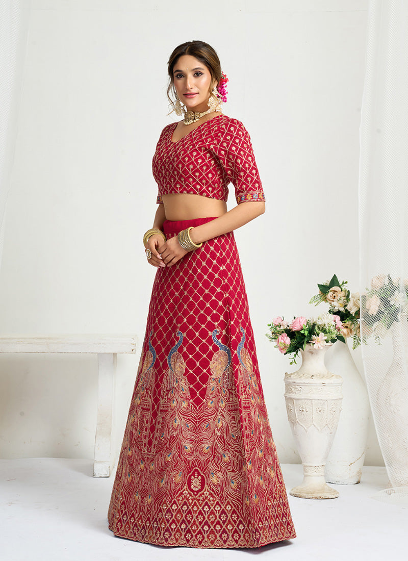 Silk Red Party Wear Zari Embroidery Work Lehenga Choli 386036